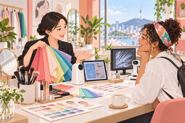 Editorial illustration of a personal color and makeup consultation in Seoul