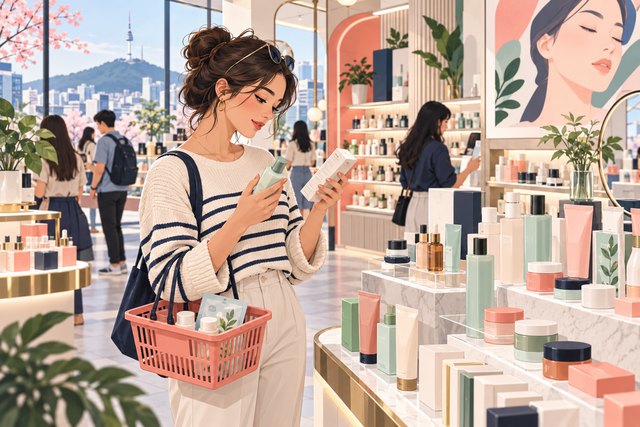 Editorial illustration of a traveler browsing K-beauty products in a Seoul beauty store