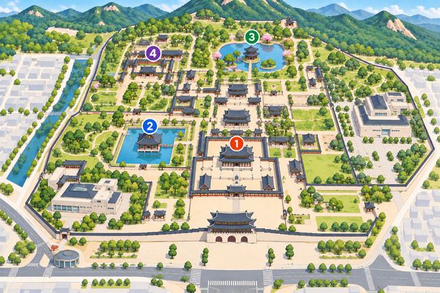 Mapa ilustrado de Gyeongbokgung com quatro pontos de foto numerados