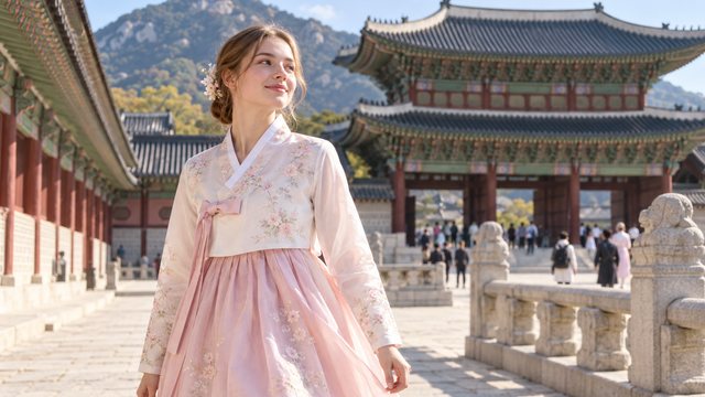 Viajante de hanbok rosa caminhando pelo palácio Gyeongbokgung