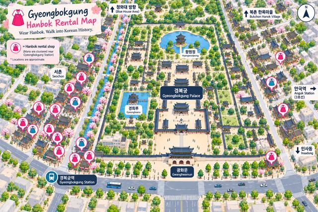 Mapa ilustrado das lojas de aluguel de hanbok ao redor de Gyeongbokgung