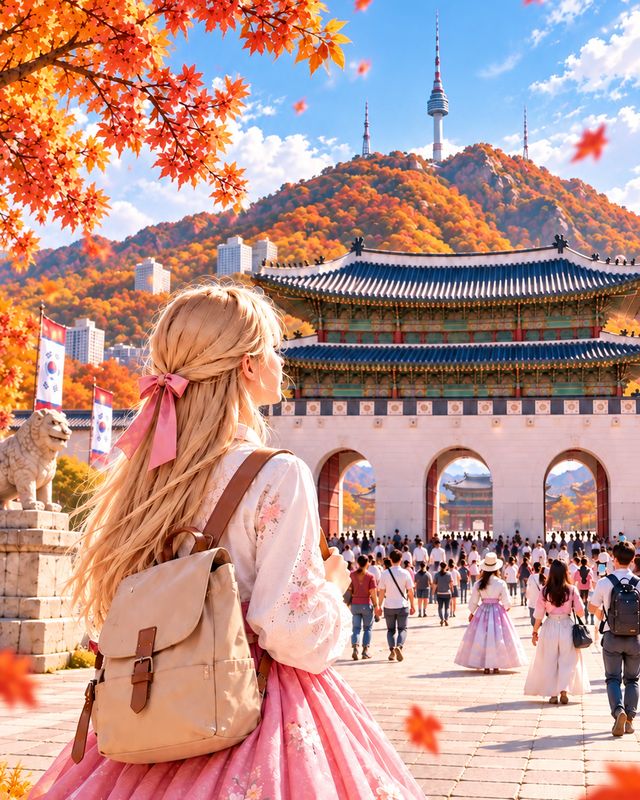 Traveler in a pink hanbok skirt walking toward Gwanghwamun among autumn leaves, illustrated ToYouPick hero
