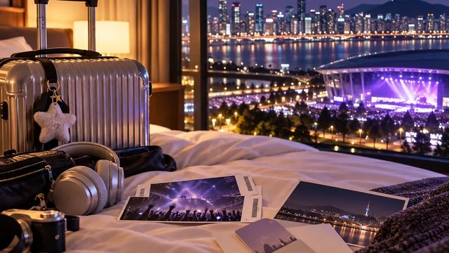 Imagen explicativa de ToYouPick, no una foto real de TXT. Play&Stay combina una entrada de concierto con dos noches de hotel, así que la imagen solo representa el contexto de un viaje a Seúl para ver el show.