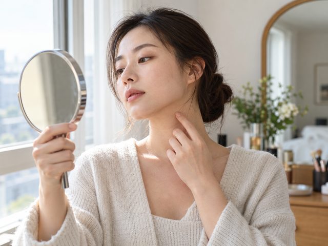 손거울을 들고 자연광에서 턱선의 파운데이션 색을 확인하는 여성