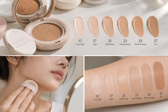 13부터 27까지 번호가 붙은 밝은 색에서 깊은 색까지의 파운데이션 스와치