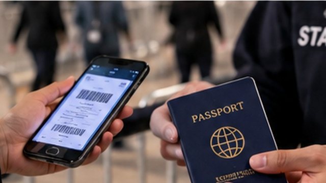 A concert ticket on a phone and a passport being checked at a venue entrance