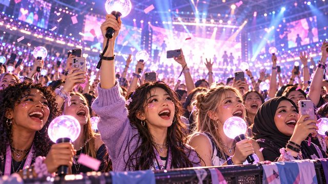 Penggemar internasional bersorak bersama di konser fiktif dengan lightstick generik