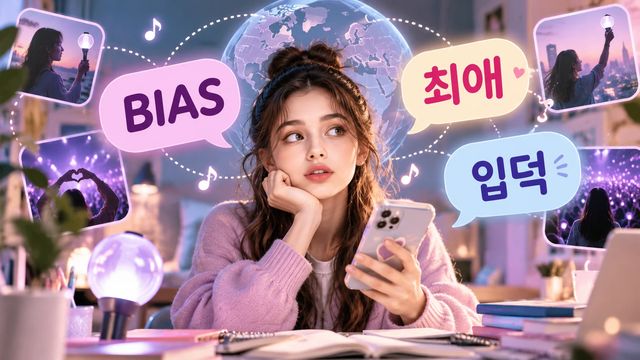 Penggemar K-pop internasional dikelilingi kata BIAS, 최애, dan 입덕 dalam ilustrasi editorial