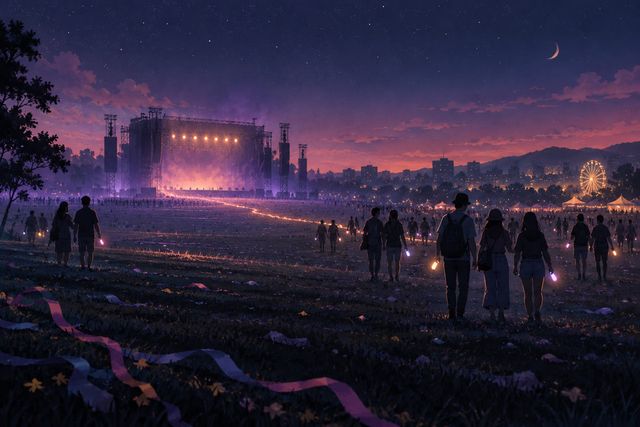 Fading festival lights and people slowly walking away after the music ends