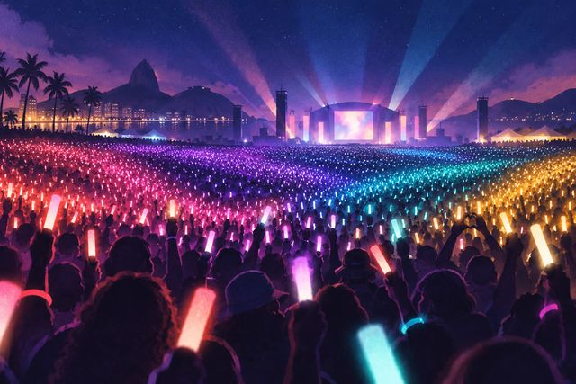 A K-pop festival audience connected by waves of colored light at night