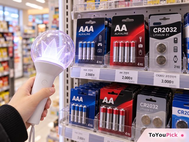 편의점 진열대의 건전지 옆에서 응원봉을 든 손
