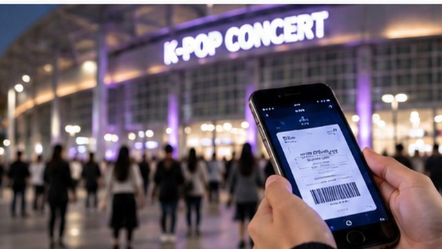 한국 콘서트장 앞에서 스마트폰으로 K-pop 티켓을 확인하는 모습