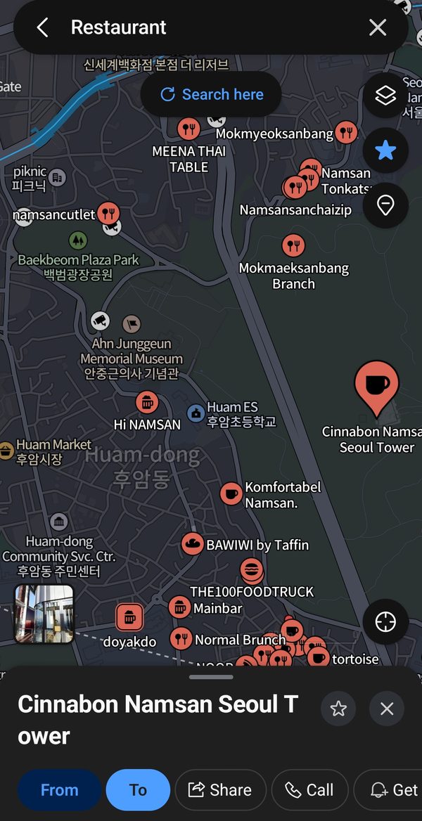 NAVER Maps restaurant search near Namsan in English mode, with English and Korean place names on the map