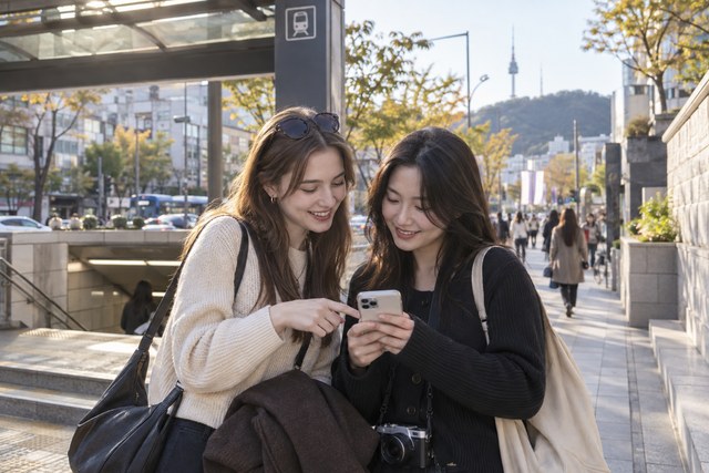 Two young travelers checking a phone map together on a Seoul street