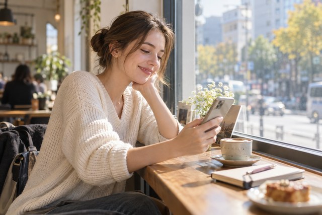 A young traveler checking her day plan on a phone by a Seoul café window