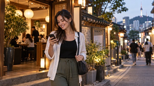 A traveler checking her restaurant reservation on a phone in Seoul