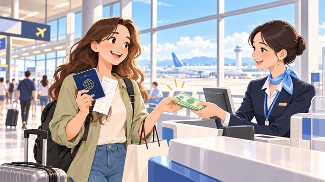 空港のカウンターでパスポートとレシートを見せて還付を受ける旅行者