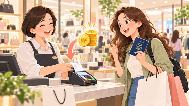 店員在櫃台把收據交給拿著護照的旅客
