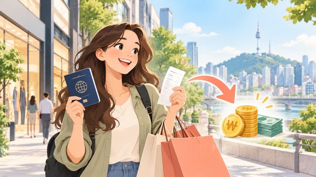 在首爾購物時拿著護照和收據的旅客