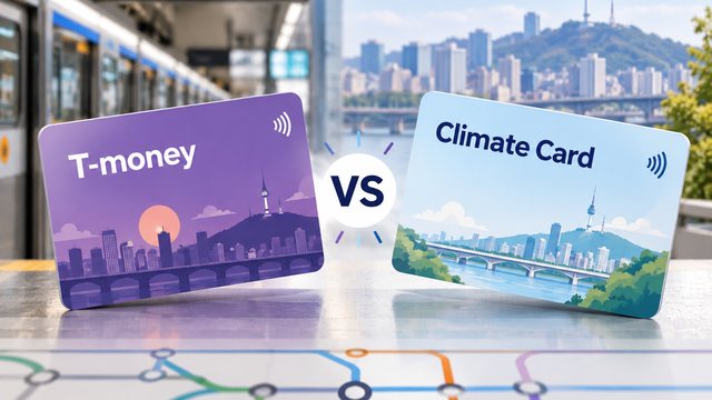 บัตรโดยสาร T-money และ Climate Card บนชานชาลารถไฟใต้ดินโซล