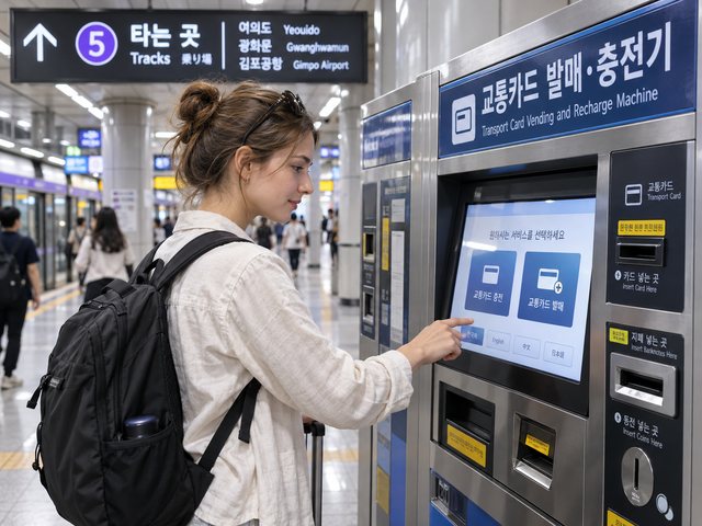 นักท่องเที่ยวใช้ตู้บัตรโดยสารในสถานีรถไฟใต้ดินโซล