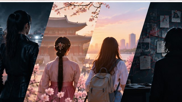 액션 사극 청춘 스릴러 등 서로 다른 K-드라마 장르를 상징적으로 표현한 에디토리얼 이미지