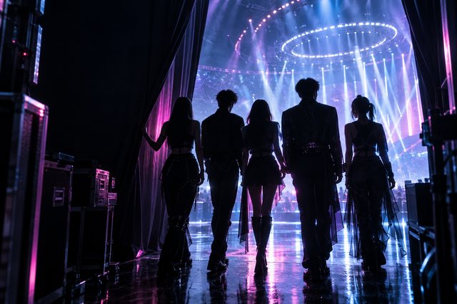 화려한 무대로 나가기 직전인 가상의 팝 그룹 실루엣